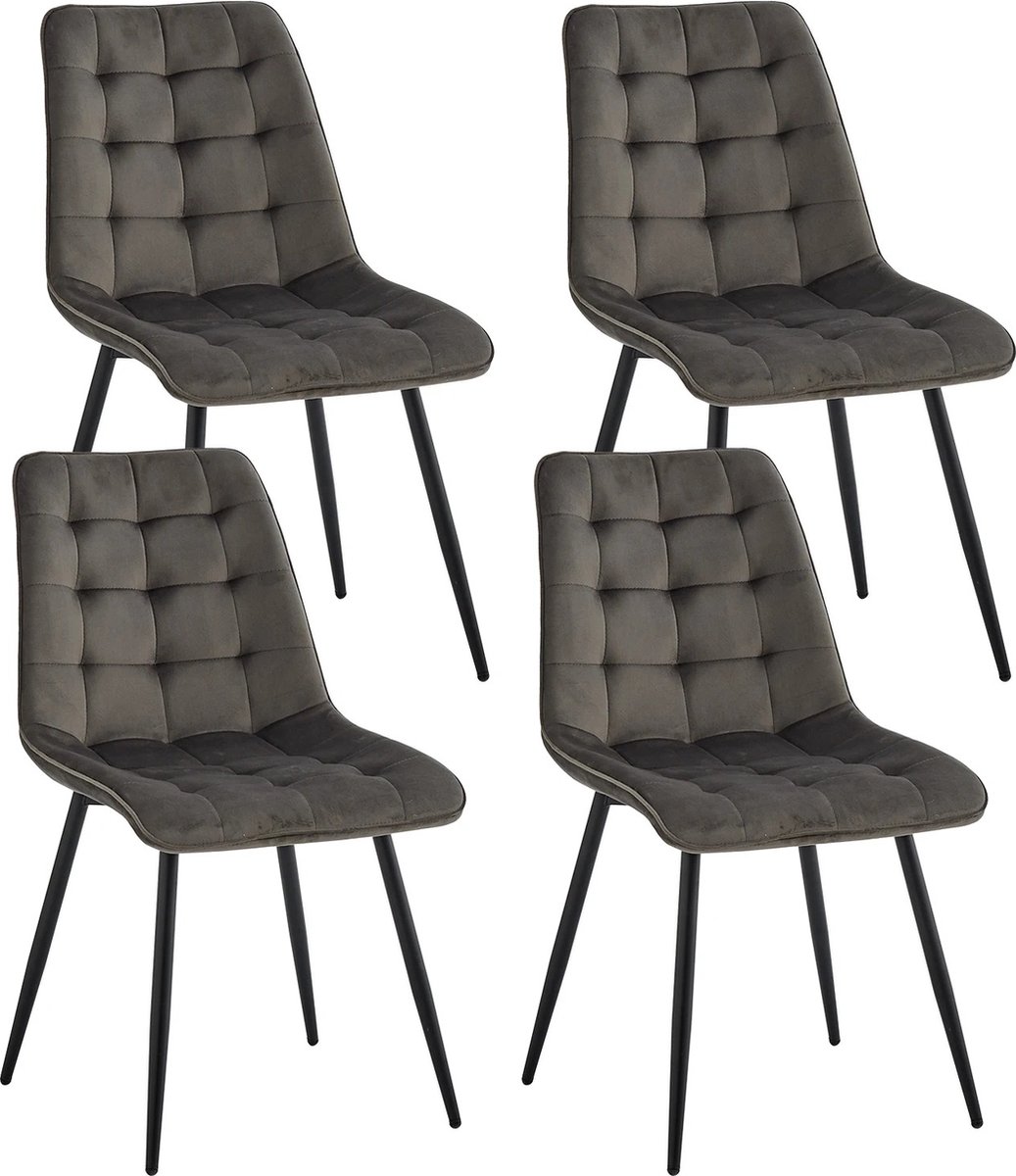 DHN set van 4 eetkamerstoelen - Velvet stoelen - Minimalistische Eetkamerstoel - Industrieel - Zwarte poten - Stijlvol - Donker Grijs