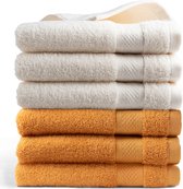 DoubleDry Hotel Handdoeken 50 x 100 cm – Set van 6 – 100% Katoen 500 g/m2 – Zacht & Absorberend - 3x Crème + 3x Okergeel