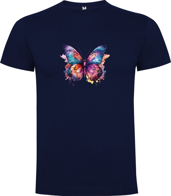 Donker Blauw T-Shirt met “ Kleurrijke Pachtige Vlinder“ Print Full Color Maat 4XL