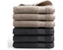 DoubleDry Hotel Handdoeken 50 x 100 cm – Set van 6 – 100% Katoen 500 g/m2 – Zacht & Absorberend - 3x Beige Taupe + 3x Antraciet