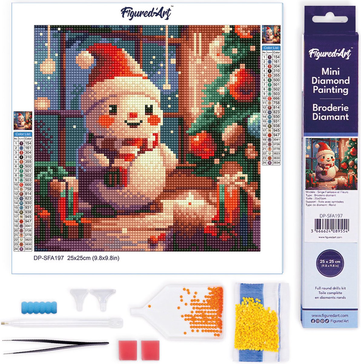 Figured'Art Mini Diamond Painting set Volwassenen 25x25 cm Blije Sneeuwpop in de Kamer - 5D DIY Art full drill ronde diamant - Opgerold canvas