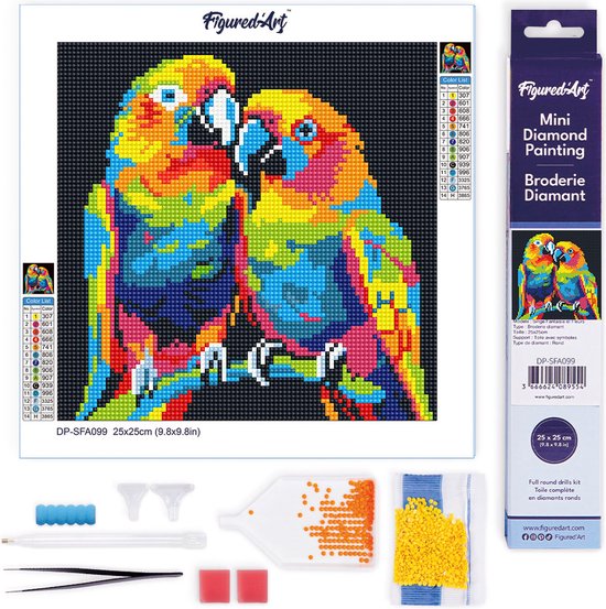 Figured' Art Mini Peinture de diamants Set Adultes 25x25 cm Perroquets Abstrait Pop- Art - 5D DIY Art Full Drill Round Diamond - Toile roulée