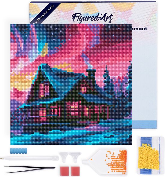 Figured'Art Mini Diamond Painting set Volwassenen 25x25 cm met lijst Huis onder de Aurora Hemel - 5D DIY Art full drill ronde diamant - Canvas al ingelijst