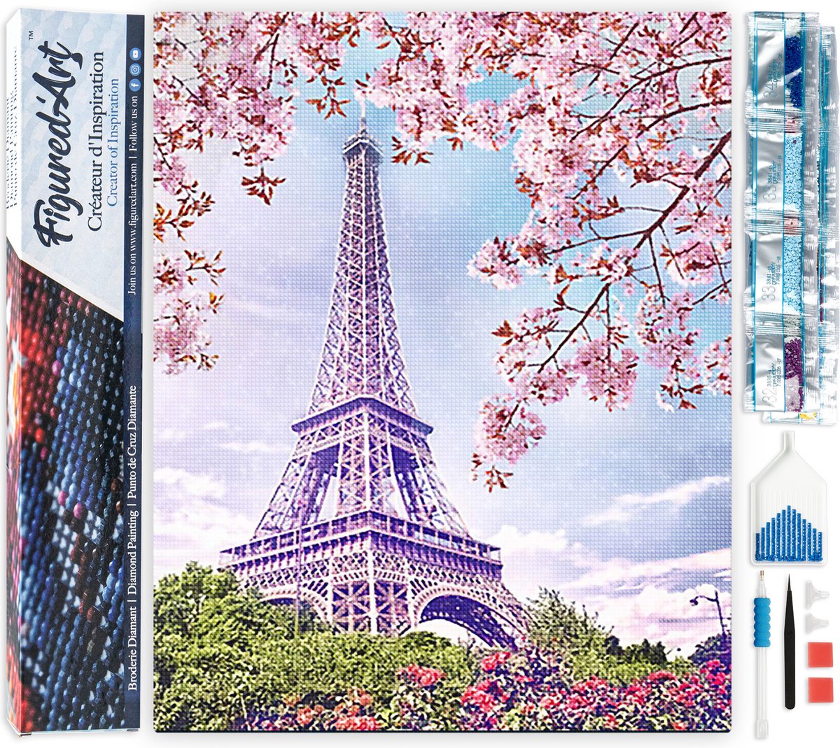 Figured'Art Diamond Painting set Volwassenen 40x50 cm Eiffeltoren in de lente - 5D DIY Art full drill vierkante diamant - Opgerold canvas