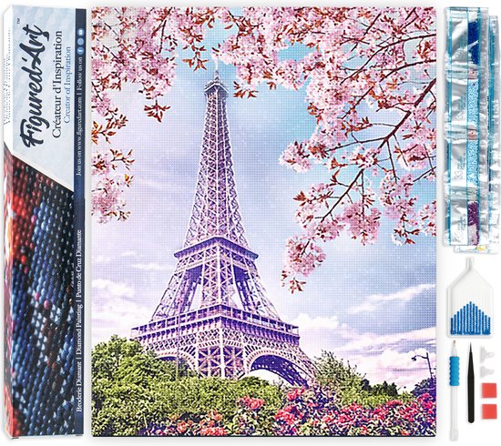 Figured'Art Diamond Painting set Volwassenen 40x50 cm Eiffeltoren in de lente - 5D DIY Art full drill vierkante diamant - Opgerold canvas