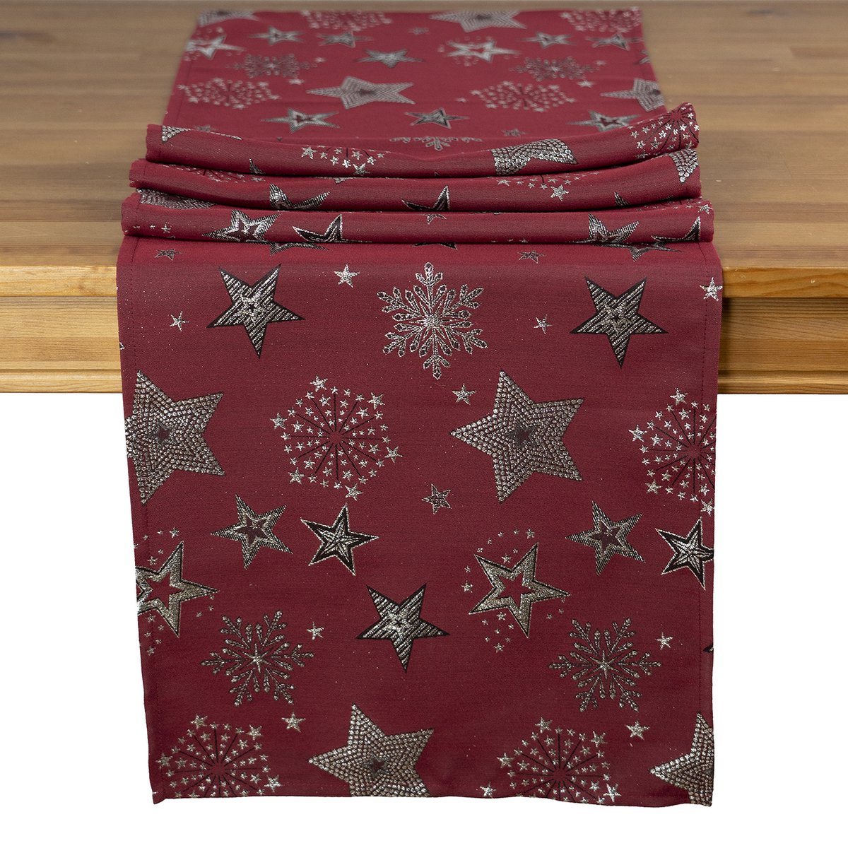 Tafelloper - Kerst - linnenlook - Rood met zilveren sterren - 40 x 180 cm