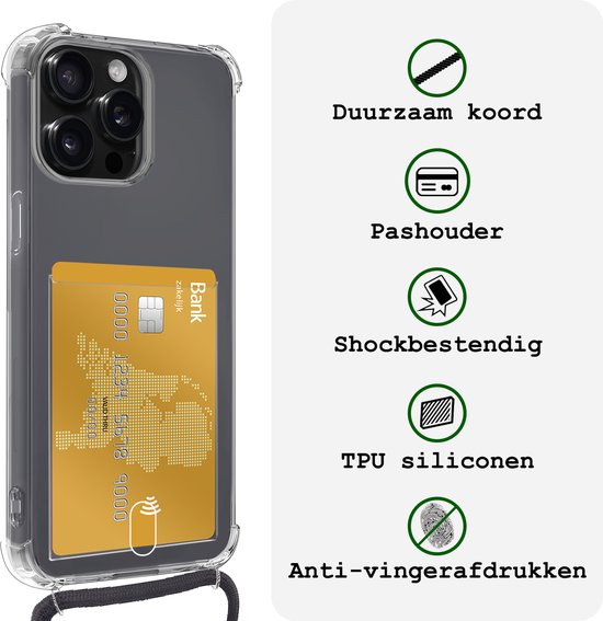 Coque adaptée pour iPhone 14 Pro avec porte-cartes, résistante aux chocs avec cordon – Coque adaptée pour iPhone 14 Pro avec cordon de téléphone et porte-cartes – Transparent – ​​2 pièces