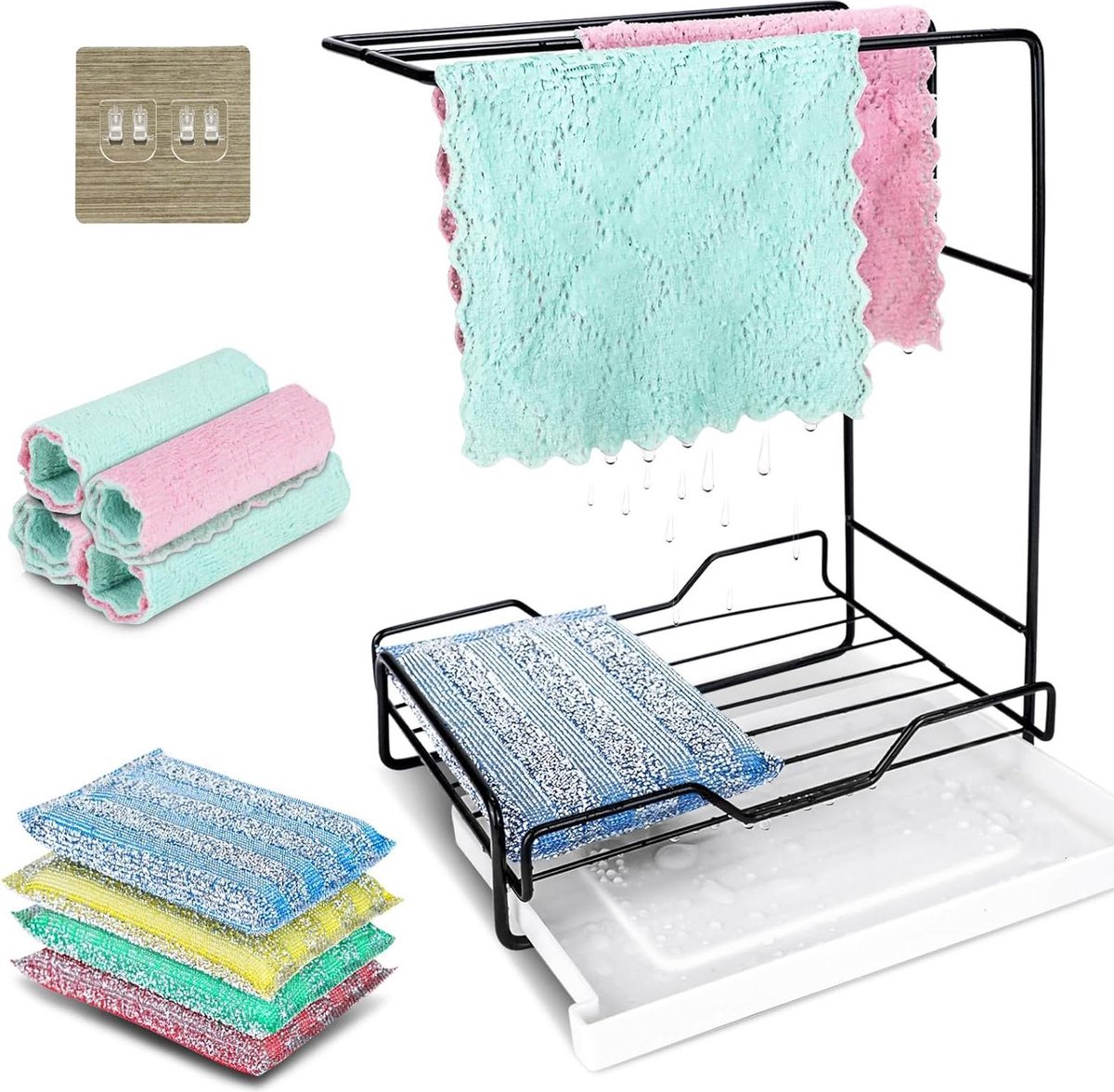 Gootsteen Caddy Organizer - Afneembare Afvoerpan - Opbergrek voor Doeken en Sponzen - Aanrecht Keuken Badkamer vaatdoekhouder