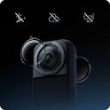 Insta360 X3 met lensbeschermers, met icoontjes voor geen beweging, regen en geen impact.