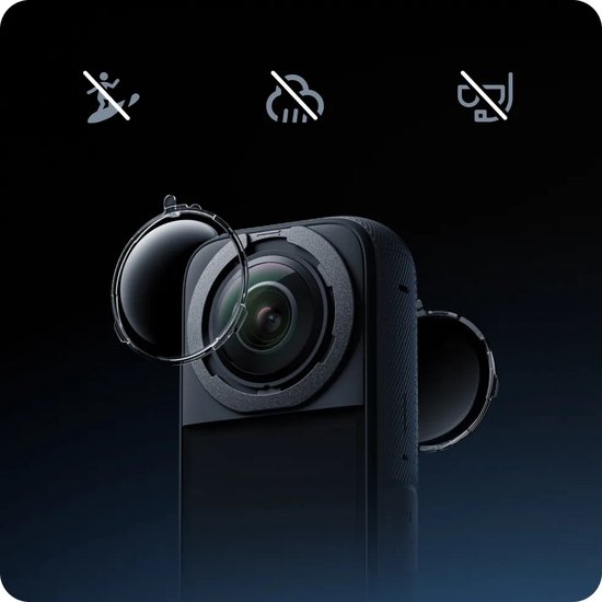 Insta360 X3 met lensbeschermers, met icoontjes voor geen beweging, regen en geen impact.