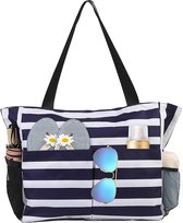 Ultiluxe® Grote strandtas strepen - Blauw/wit - Schoudertas voor volwassenen - 43 x 38 x 15 - Waterdicht - Handtas met ritssluiting - 8 vakken - Zwemtas, grote shopper, badtas - Grote capaciteit