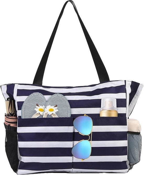 Ultiluxe® Grote strandtas strepen - Blauw/wit - Schoudertas voor volwassenen - 43 x 38 x 15 - Waterdicht - Handtas met ritssluiting - 8 vakken - Zwemtas, grote shopper, badtas - Grote capaciteit