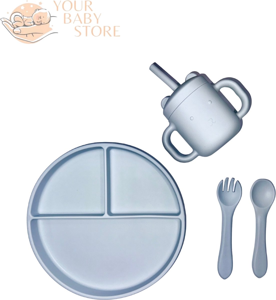 Goedkoopste BabyHap set - 3 delig bord - bestek - drinkbeker - babyblauw - siliconen - YOURBABYSTORE
