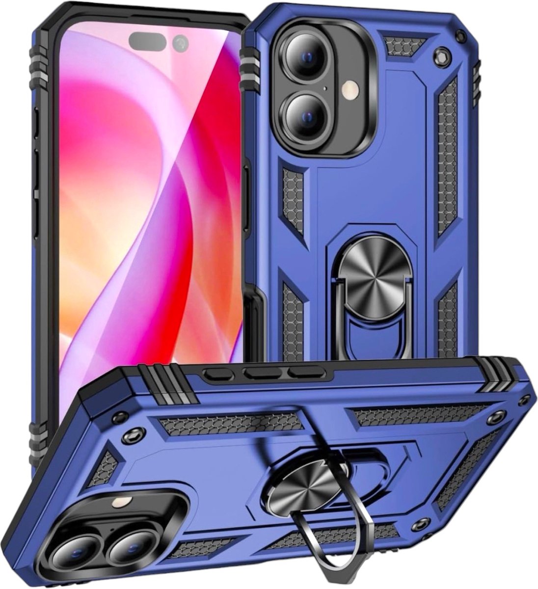 iPhone 16 Blauw Premium Kickstand Armor Hoesje - Extreme ShockProof iPhone 16 Blauw Backcover - Ultra Luxe Hybrid Armour iPhone 16 Case - 360° Rotating Ring Grip Kickstand