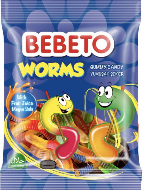 Bebeto Worms Snoep met fruit juice 80 gr per 4 stuks halal