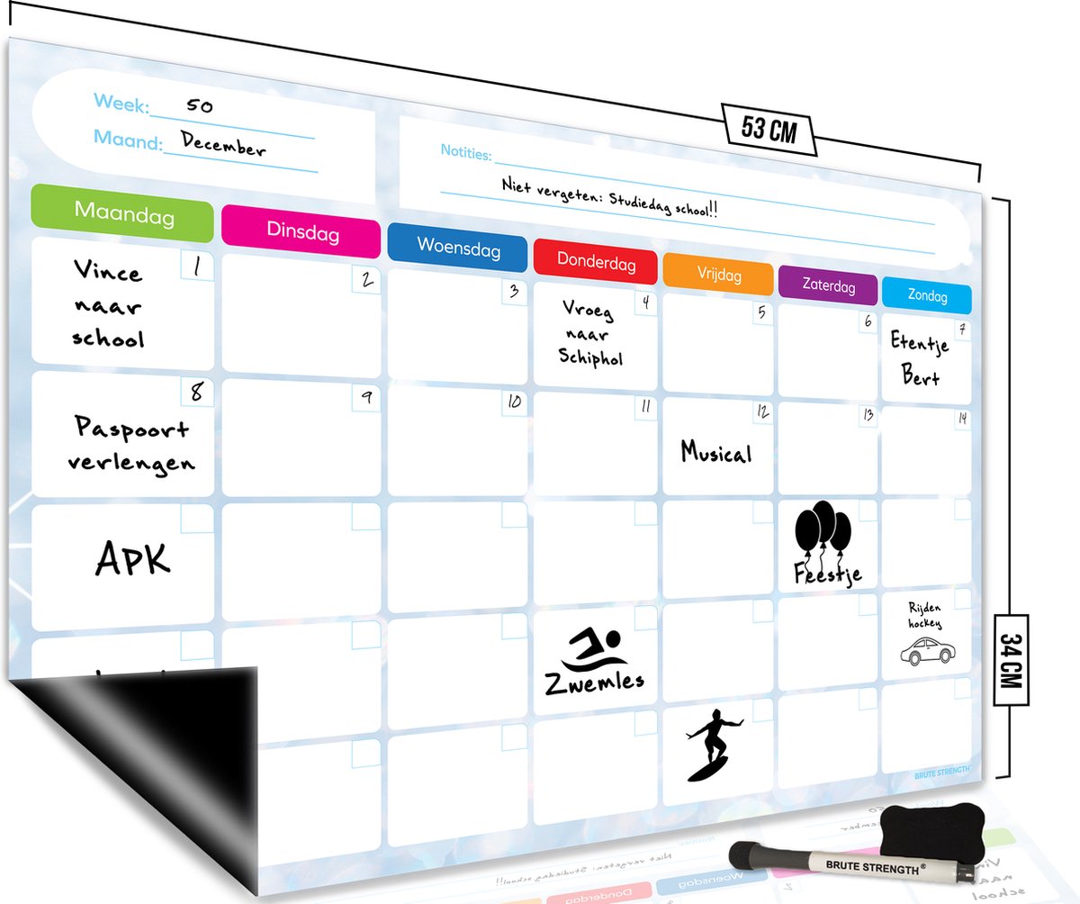 TMS A4 Magnetische weekplanner voor koelkast, maaltijdplanner, whiteboard en kalender, notitiebord of agenda voor dagelijkse taken of bedrijfsplannen op kantoor, met 4 droogwisstiften