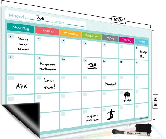 Brute Strength - Magnetisch Weekplanner whiteboard (5) - 53 x 34 cm - Planbord - Familieplanner - Gezinsplanner - To Do Planner