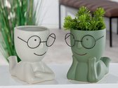 Bloempotjes twee vrienden p st. 20x 14 cm Set van 2 - keramiek grijs en groen