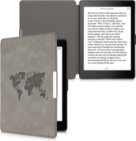 kwmobile e-reader hoesje geschikt voor Kobo Aura ONE hoes - Ereader flip case met standaard - Kunstleren e reader cover - Wereldkaart design in grijs van kwmobile — afbeelding 5
