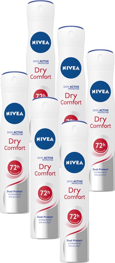 NIVEA Dry Comfort Deodorant Spray - Anti-Transpirant - Droog gevoel - 72 uur bescherming - Met mineralen en DryPlus-systeem - Alcoholvrij - 6 x 200 ml - Voordeelverpakking