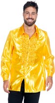 Wilbers - Jaren 80 & 90 Kostuum - Knallend Gele Foute Ruchesblouse Satijn Disco Party Man - geel - Maat 48 - Carnavalskleding - Verkleedkleding