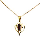Gouden ketting met hanger - edelsteen - rode granaat - symbool - lotus - 18 karaat vermeil goud