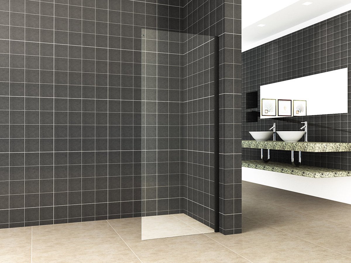 Klea Zijwand Voor Schuifbare Nisdeur Met Mat Zwart Profiel 100x200cm 8mm Antikalk Veiligheidsglas Met NANO Coating