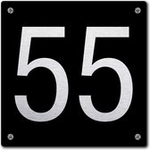 Huisnummerbord - huisnummer 55 - zwart - 12 x 12 cm - rvs look - schroeven - naambordje - nummerbord  - voordeur
