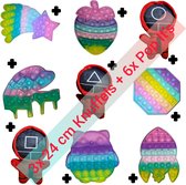 Squid Game Pluche Knuffels 3 Stuks 24 CM + 6 Stuks Popit Fidget Toys Super Complete Pop IT Pakket Regenboog | Nieuwste rage!!! Anti stress 2021 | SquidGame Pop | Van Netflix | Meis