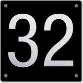 Huisnummerbord - huisnummer 32 - zwart - 12 x 12 cm - rvs look - schroeven - naambordje - nummerbord  - voordeur