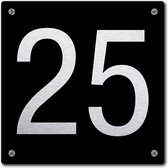 Huisnummerbord - huisnummer 25 - zwart - 12 x 12 cm - rvs look - schroeven - naambordje - nummerbord  - voordeur