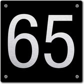Huisnummerbord - huisnummer 65 - zwart - 12 x 12 cm - rvs look - schroeven - naambordje - nummerbord  - voordeur