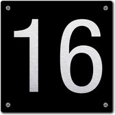 Huisnummerbord - huisnummer 16 - zwart - 12 x 12 cm - rvs look - schroeven - naambordje - nummerbord  - voordeur