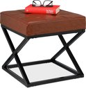 Relaxdays hocker, gepolsterd, kunstleer, metaal, industrieel, HxBxD: 46 x 47 x 42 cm, modern voetenbankje, zwart/bruin