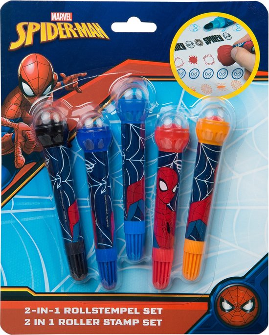 Marqueurs Spiderman avec tampon roller rouge bleu enfants