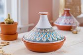 Handgemaakte Marokkaanse Kook Tajine voor Inductie, Gas, Oven - Wit met Bohemian Lichtblauw XL