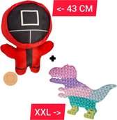 Squid Game Pluche Knuffel & Fidget Toys Pop IT | Knuffel 43 CM Vierkant + Dinosaurus Rainbow 35 CM | Nieuwste rage!!! Anti stress 2021 | SquidGame Pop | Van Netflix | Meisjes, jong