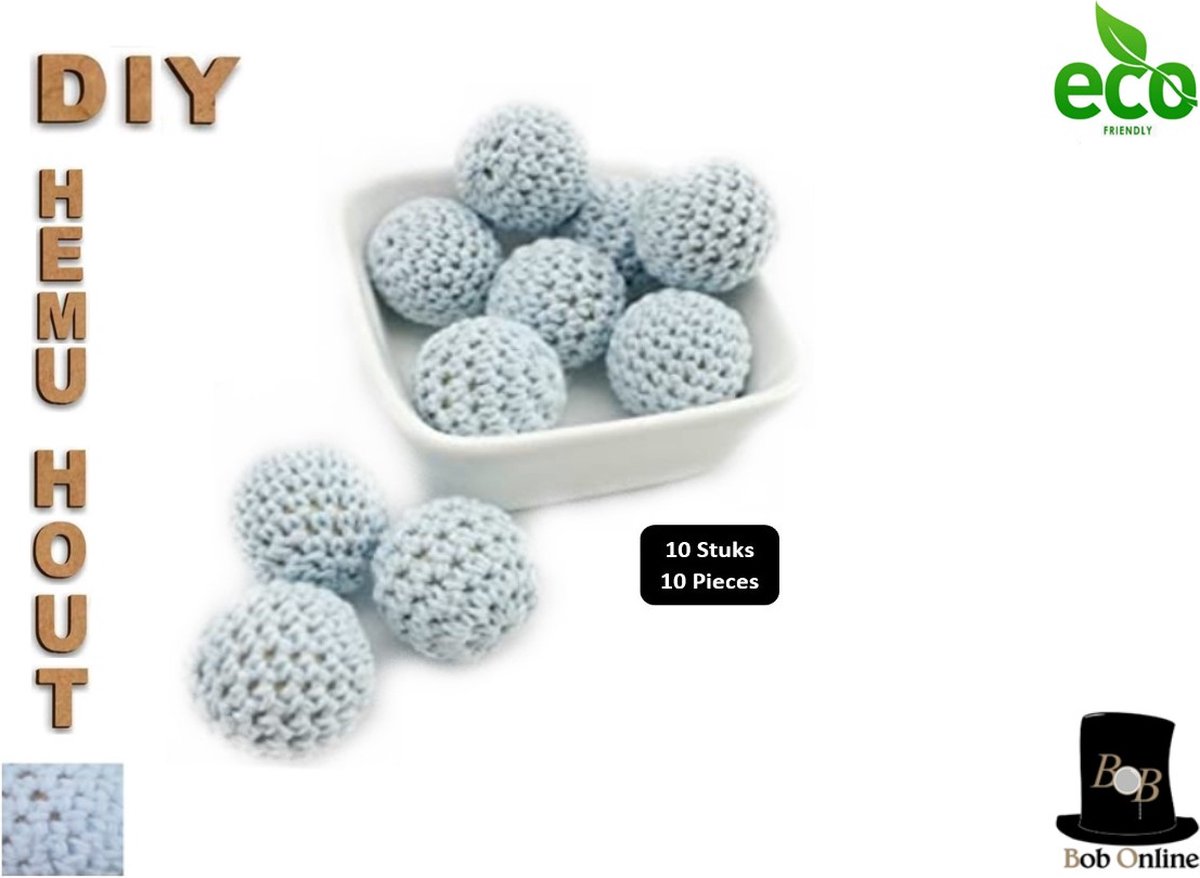 Bob Online ™ – 10 Stuks - 20mm Licht Blauw Ronde Gehaakte DIY Houten Kralen met ca. 4mm Gaatje –  Houten Gehaakte Kralen - Rijgkralen – Kralen Rijgen - Hobby Houten Kralen – DIY Gehaakte Hemu Hout Kralen – 20mm Light Blue Hemu Wood Crochet Beads