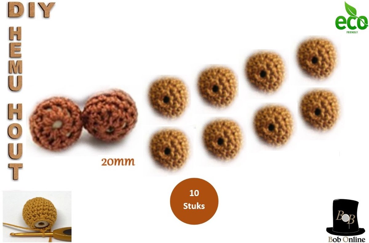 Bob Online ™ – 10 Stuks - 20mm Bruin Ronde Gehaakte DIY Houten Kralen met ca. 4mm Gaatje –  Houten Gehaakte Kralen - Rijgkralen – Kralen Rijgen - Hobby Houten Kralen – DIY Gehaakte Hemu Hout Kralen – 20mm Brown Hemu Wood Crochet Beads 10 Pcs