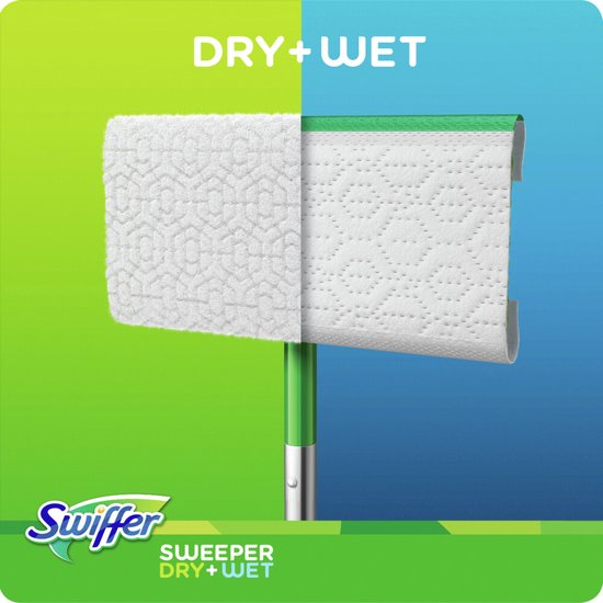 Écran partagé montrant une serpillière Swiffer Sweeper Dry+Wet. Moitié gauche sèche, moitié droite humide avec des gouttes. Vert et bleu.