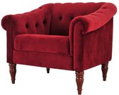 LIAM Chesterfield fauteuil - Rood fluweel en houten poten - L 93,5 x D 80,5 x H 80 cm