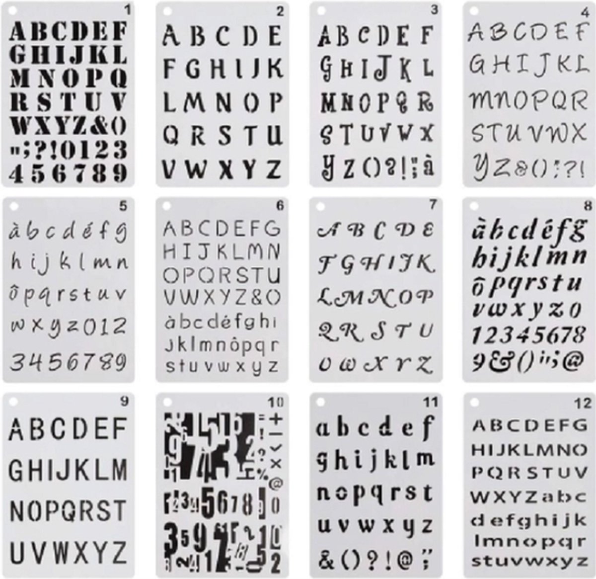 Lettersjablonen - Sjabloon met letters - Alfabet - ABC - Cijfers - Handlettering - Bullet Journaling - 20,3x12,8cm - 12 stuks
