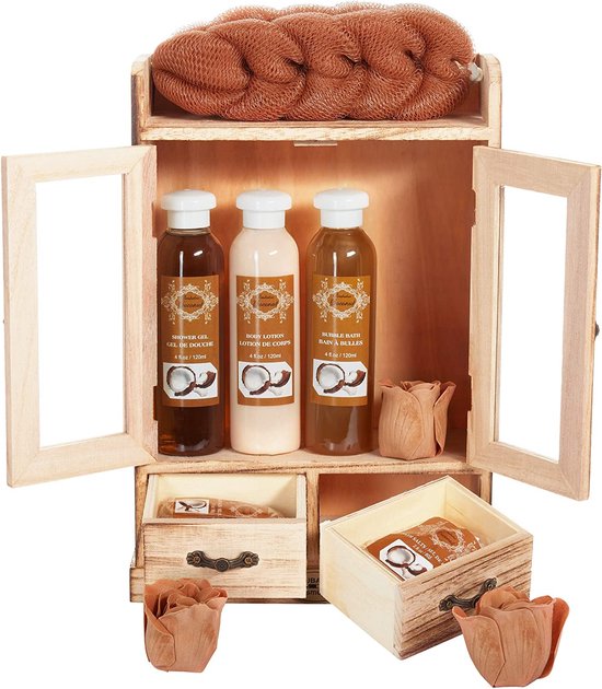BRUBAKER Cosmetics Bad- en Verzorgingsset in Houten Kastje - Kokosnoot - Cadeauset 10 Delen - Cadeautip Vrouw - Cadeau Idee - Cadeau - Kerstcadeau - Bodylotion - Douchegel - Moederdag Cadeautje