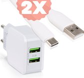 2.1A Snellader met 2 USB Poorten incl. 2x Sterke USB-C Kabel 1 Meter - Voor USB-C Apparaten zoals Smartphone, Tablet en meer