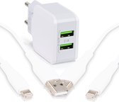 Universal USB Charger met 2x iPhone Kabel - 2x USB-A Poorten en 2.1A Snellader - Extra Sterke Oplader Kabel voor iPhone en iPad