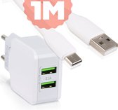 Dual USB thuislader 2 poorten oplader 2.1A + sterke USB-C Kabel - universeel