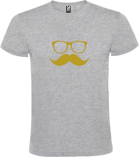 Grijs  T shirt met  print van "Bril en Snor " print Goud size XL