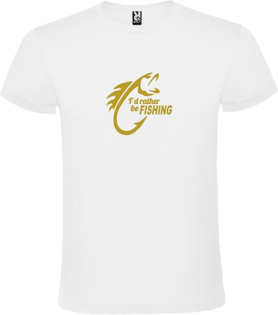 Wit  T shirt met  " I'd rather be Fishing / ik ga liever vissen " print Goud size XXL