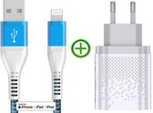Snellader - Fast Dual Charger 20w + Twisted Blue USB-A naar Lightning Kabel 2m - Nylon - MFi Gecertificeerd - Geschikt voor Apple iPhone - iPad