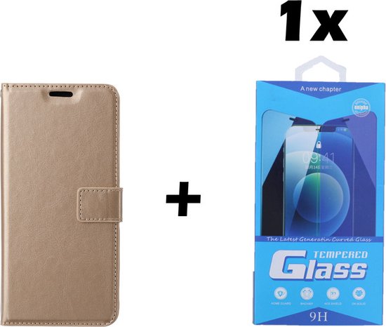 Étui livre en similicuir doré et un protecteur d'écran en verre pour Samsung Galaxy J4+ 2018.